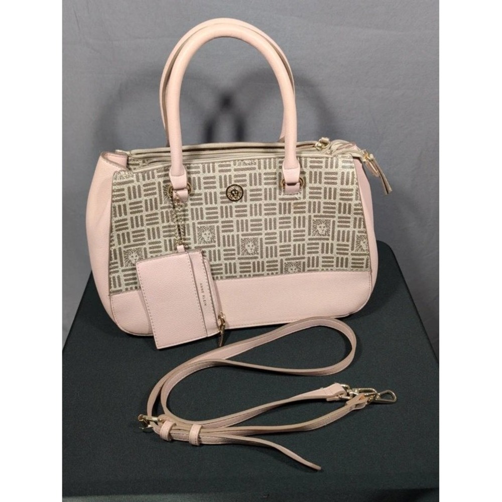 Anne Klein Pink Tan Lion Logo Satchel Handbag Crossbody Purse with Coin Pouch